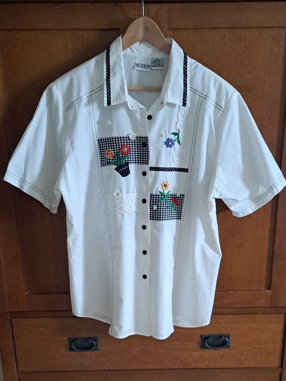 Vintage 90s Koret Patchwork Gingham Floral Embroidered Blouse Top 3X EUC